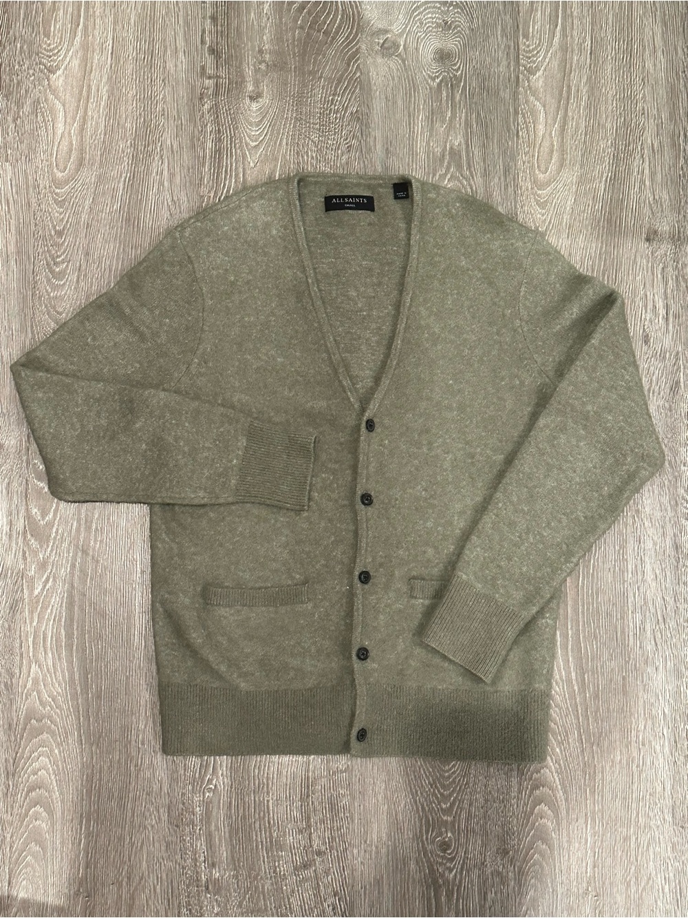 All Saints Men's Olive Green Button-Up Cardigan